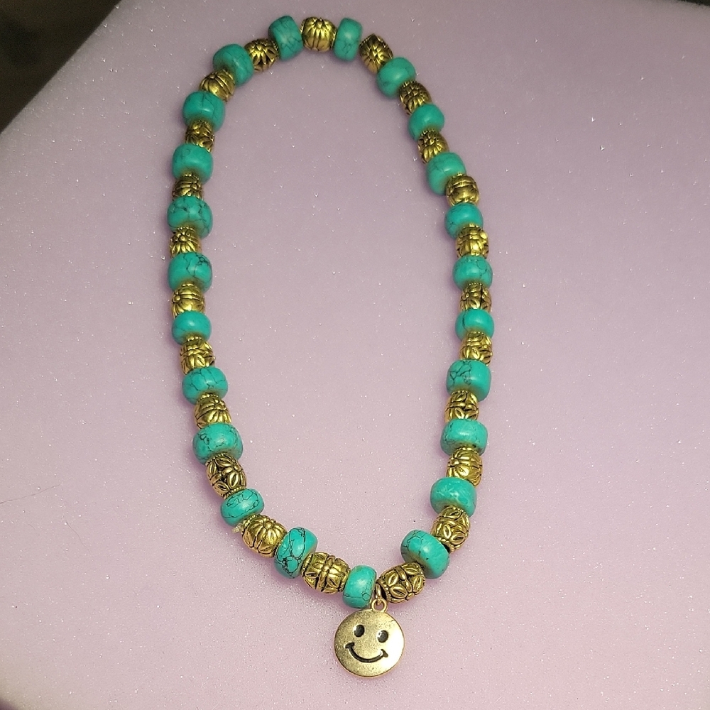 Bright Colorful Turquoise & Brass Beaded Stretch Necklace w/ Smiley Charm